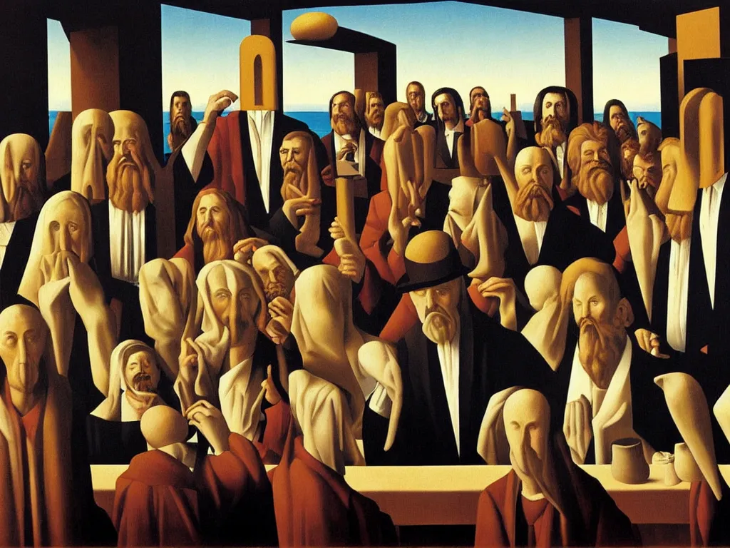 Prompt: crowded last supper painting magritte, renaissance, american gothic, detailed faces