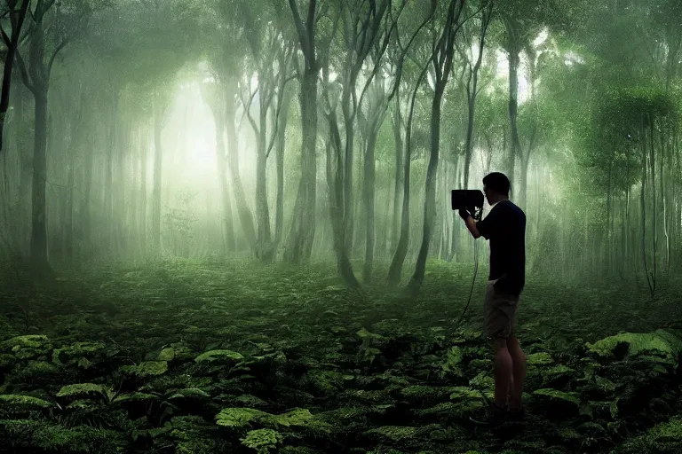 Prompt: a tourist taking a photo of a complex organic fractal 3 d ceramic sphere floating in a lush forest, foggy, cinematic shot, photo still from movie by denis villeneuve