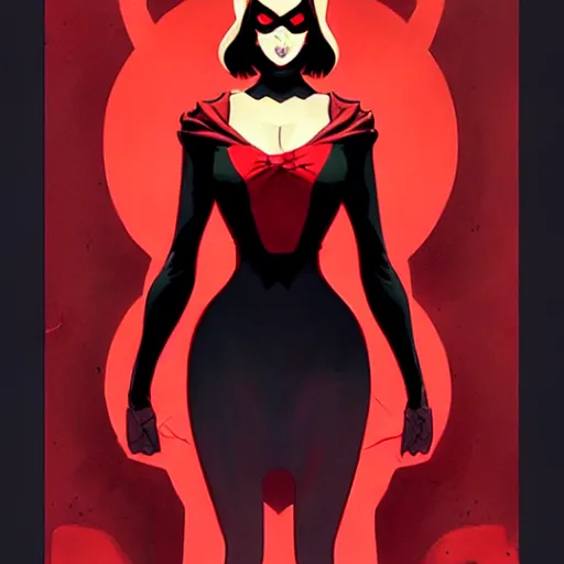 Image similar to rafael albuquerque comic art, peter mohrbacher, phil noto, artgerm, pretty evil elizabeth olson demon, black and red dress, symmetrical eyes