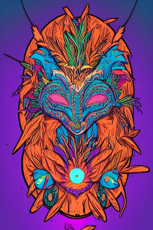 Image similar to animal mask totem roots flower tribal feather gemstone plant wood rock shaman vodoo video game vector cutout illustration vivid multicolor borderlands comics by josan gonzales and dan mumford radiating a glowing aura