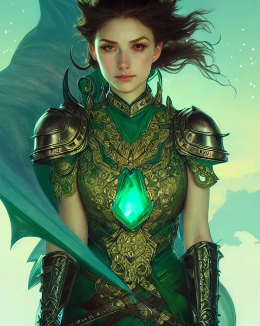 Image similar to Fantasy emerald knight, moonlit, HD, illustration, epic, D&D, fantasy, intricate, elegant, highly detailed, digital painting, artstation, concept art, smooth, sharp focus, illustration, art by artgerm and greg rutkowski and alphonse mucha, monster hunter illustrations art book