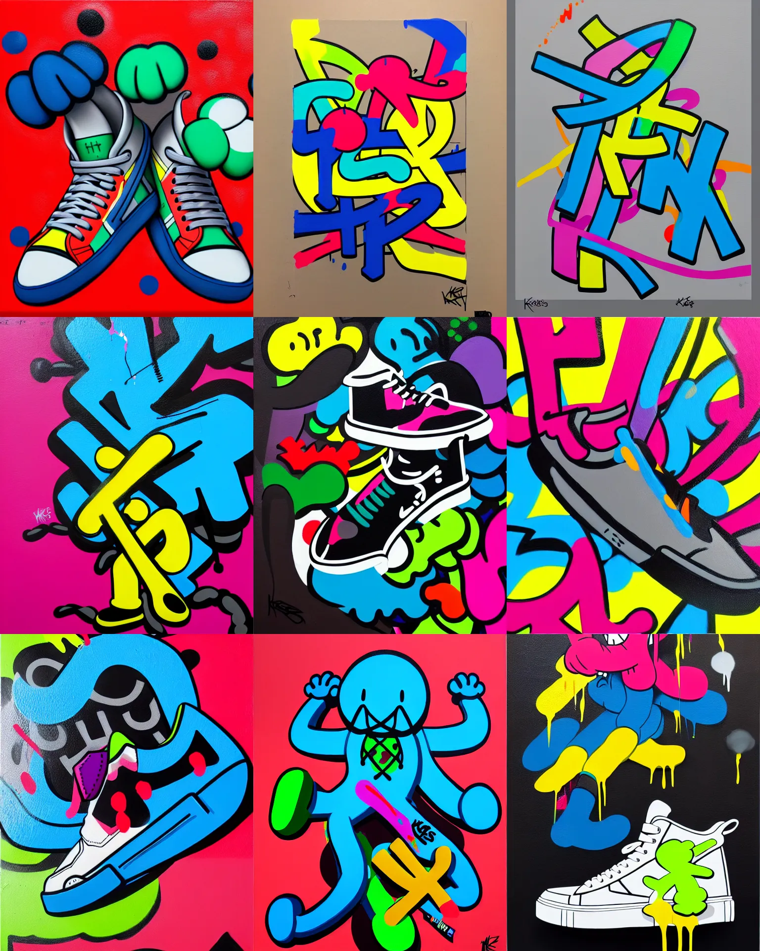 Prompt: sneakers, drip painting, graffiti, highly detailed, simple, no jagged lines, smooth, artstation, centered artwork by kaws