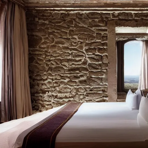 Image similar to bedroom at extremely expensive hotel in ancient roman times. high - fashion boutique hotel. stone walls. statues. carving. detailed beautiful photography.