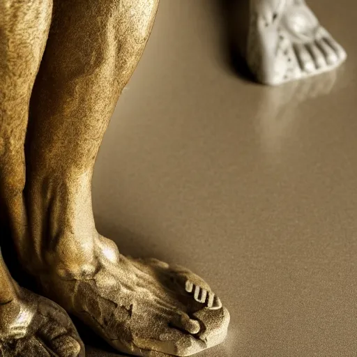 Prompt: stunning close up photograph of marble sculpture of strong masculine man's legs made of marble. Sculpture is on top of fine gold base, masculine texture background, 40mm lens, shallow depth of field, split lighting