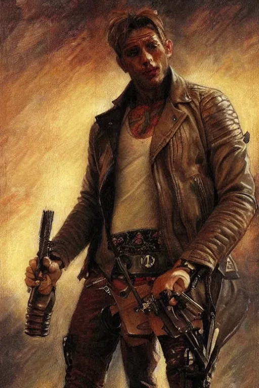 Image similar to a thirty - five year old contract killer named cobalt. he wears a brown leather jacket with a bloody white t - shirt tucked into his jeans. art by gaston bussiere.