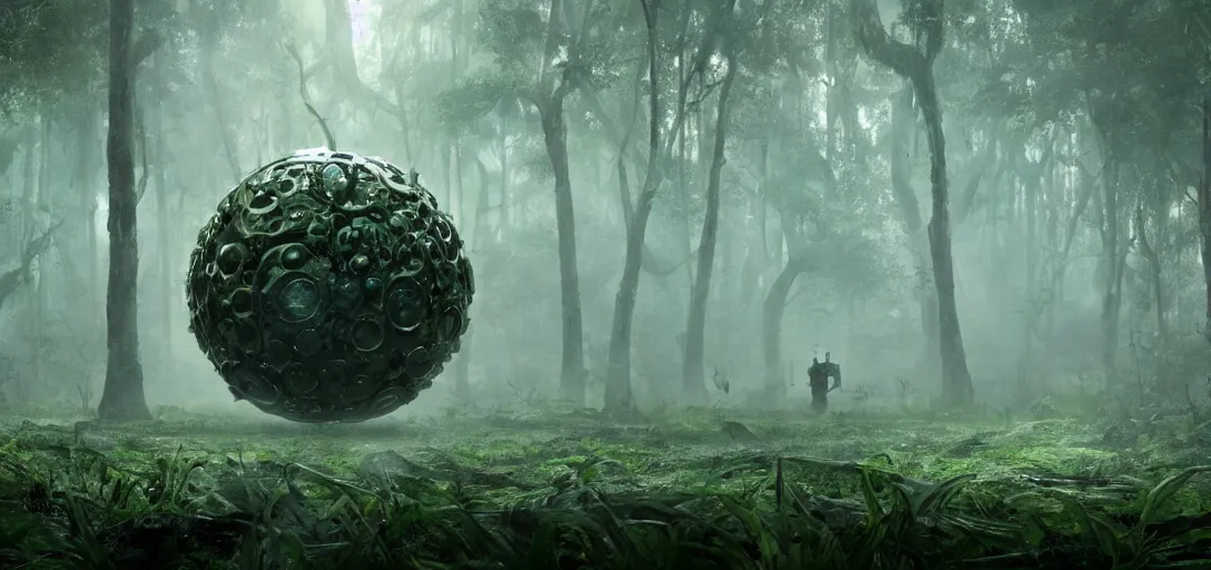 Image similar to a complex organic fractal 3 d metallic symbiotic ceramic humanoid megastructure creature in a swampy lush forest, foggy, sun rays, cinematic shot, photo still from movie by denis villeneuve, wayne barlowe