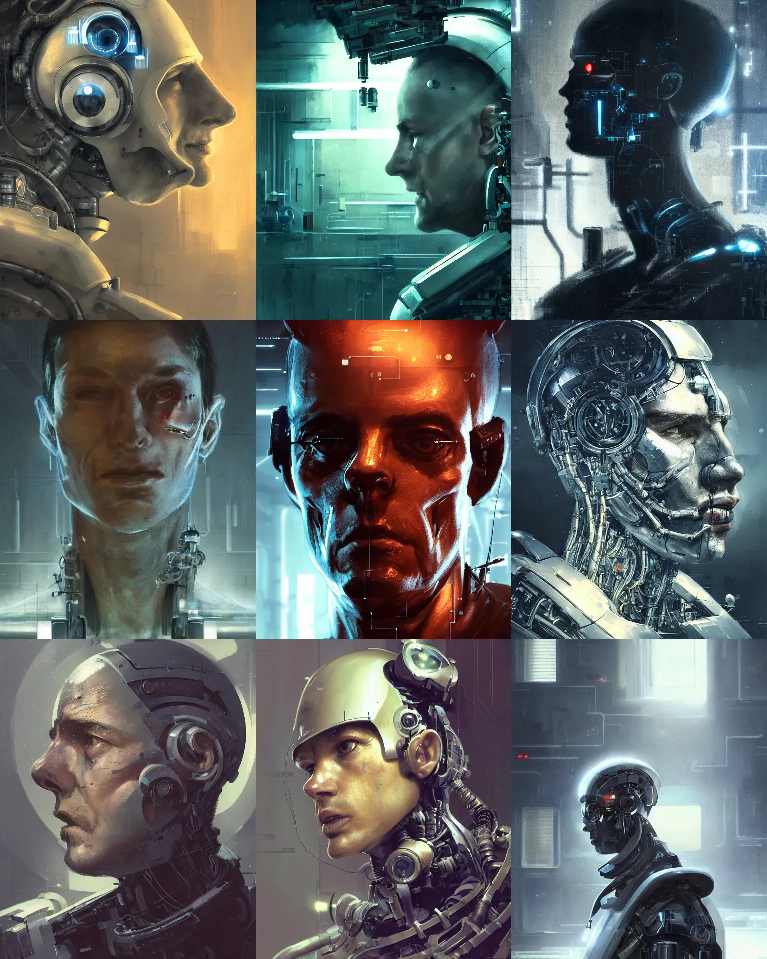 Prompt: a laboratory operator man with cybernetic enhancements seen from a distance, 1 / 4 headshot, scifi character portrait by greg rutkowski, craig mullins, daytoner, cinematic lighting, dystopian scifi gear, profile picture, mechanical, cyborg, half robot