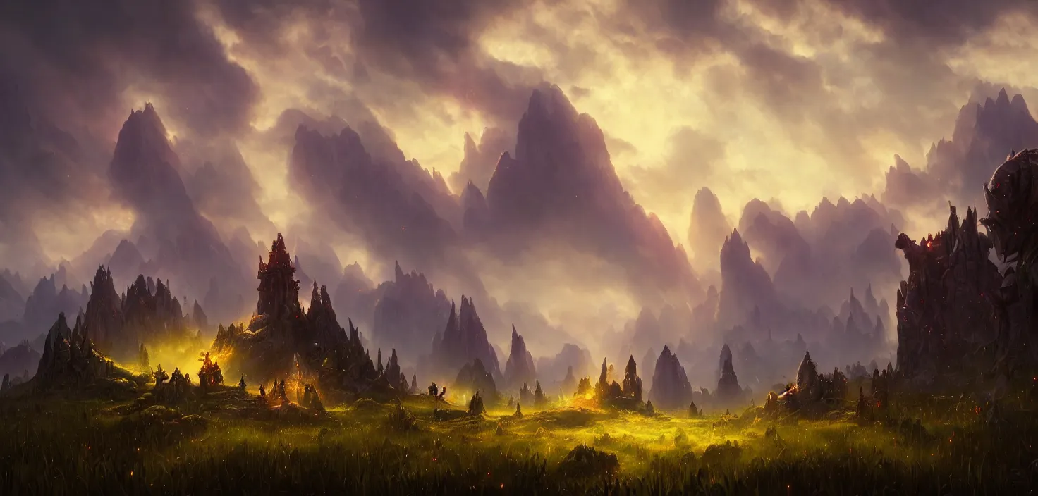 Prompt: the fabulous world of warcraft, cinematic view, epic sky, detailed, concept art, low angle, high detail, warm lighting, volumetric, godrays, vivid, beautiful, trending on artstation, by jordan grimmer, huge scene, grass, art greg rutkowski