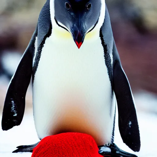 Image similar to wildlife long shot photo of a penguin with green eyes and feet and a red knitted winter hat sliding down an ice mountain, professional photo from national wildlife 2020