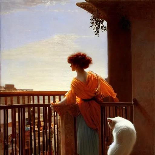 Prompt: lady with long ginger curly hair in a light blue dress petting a white cat on a balcony with a bright orange sky in the background, painting by lawrence alma - tadema, 4 k