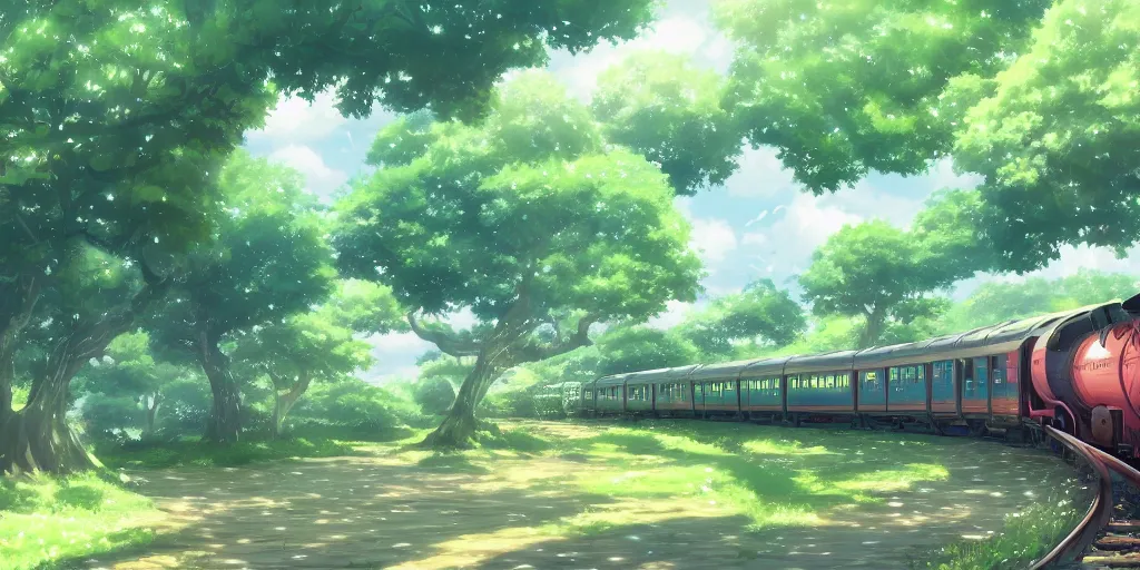 Image similar to A beautiful illustration of beautiful Hogwarts train, leaves, trees, steam, wide angle, by makoto shinkai, Wu daozi, very detailed, deviantart, 8k, wallpaper, tropical, colorful, airy, anime illustration, anime nature wallpap