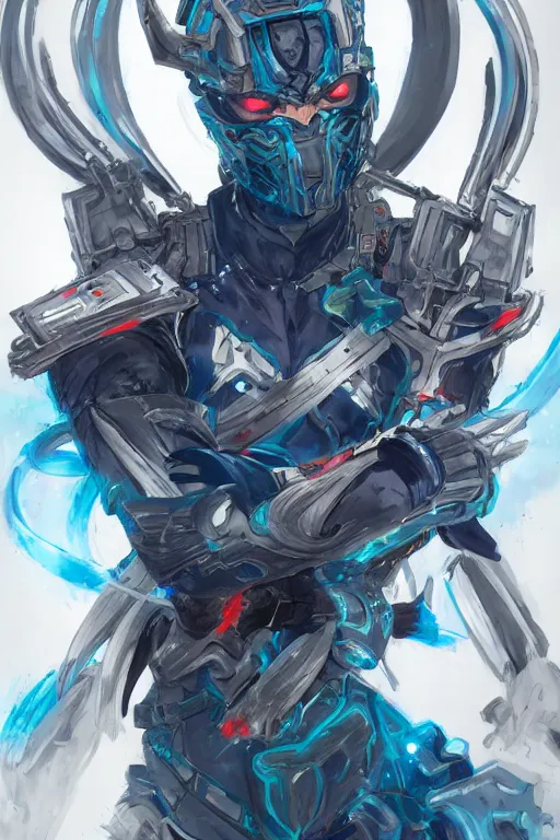 Image similar to concept art, anime portrait of a ninja cyborg warrior wearing an intricate azure wolf themed armor by Masamune Shirow, Stanley Artgerm Lau, WLOP, Rossdraws, James Jean, Andrei Riabovitchev, Marc Simonetti, and Sakimichan, trending on artstation