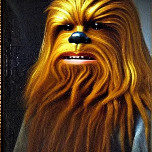 Prompt: portrait of chewbacca by vermeer, dutch baroque, beautiful natural light, oil on canvas