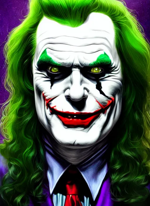 Image similar to portrait of tommy wiseau as the joker, green hair, intricate, elegant, glowing lights, highly detailed, digital painting, artstation, concept art, sharp focus, illustration, art by wlop, mars ravelo and greg rutkowski