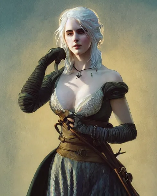 Image similar to Pre-Raphaelite Ciri from Witcher 3 by Artgerm and Greg Rutkowski, wearing haute couture by schiaparelli, sharp focus, sun rays, intricate, elegant, highly detailed, digital painting, masterpiece.