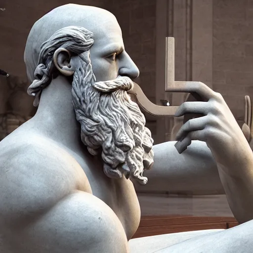 Image similar to a marble statue depicting a bearded wild man playing a modular synthesizer, 8 k, unreal engine,