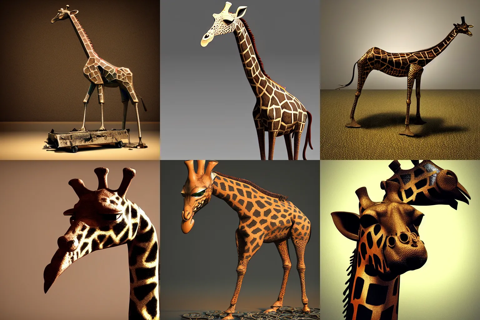 Prompt: a giraffe made of scrap metal, steampunk, 3d render, photorealistic, studio lighting