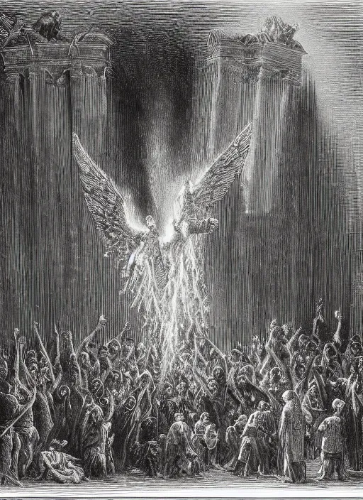 Prompt: A church burning down with angels pouring water down onto the church, painted by Gustave Dore