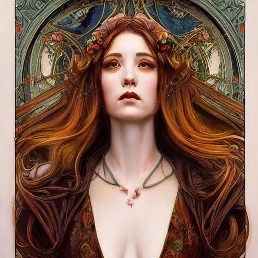 Prompt: an art nouveau painting in the style of donato giancola, and in the style of charlie bowater, and in the style of lulu chen. symmetry, smooth, sharp focus, semi - realism, intricate detail.