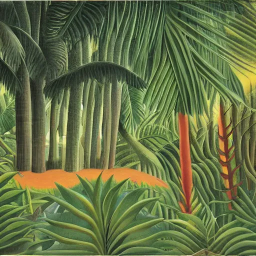 Prompt: a henri rousseau painting of a sustainable datacenter with servers bundled up in tropical vegetation.
