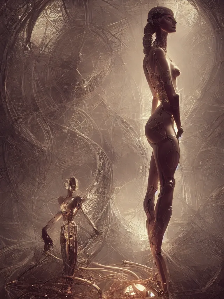 Prompt: a photo of a robotic woman covered in modular synthesizer parts surrounded by sacred geometry made from elven architecture, full body, perfect face, powerful, cinematic, beautifully lit, by bastien lecouffe - deharme, by karol bak, 3 d, octane render, 8 k