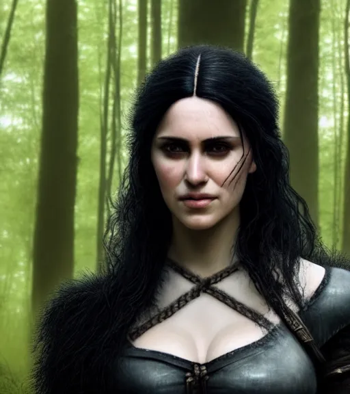 Image similar to 5 5 mm close up portrait photo of anya chalotra as yennefer of vengerberg in black leather armor and long black fluff hair, in a forest. magical atmosphere. art by greg rutkowski. lifelike. very detailed 8 k. intricate. soft light. nikon d 8 5 0.