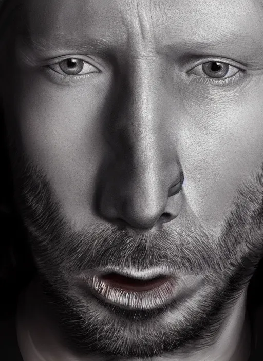 Image similar to a portrait of thom yorke from radiohead in kiss style makeup, realistic, photograph, high definition, 4 k, soft lighting