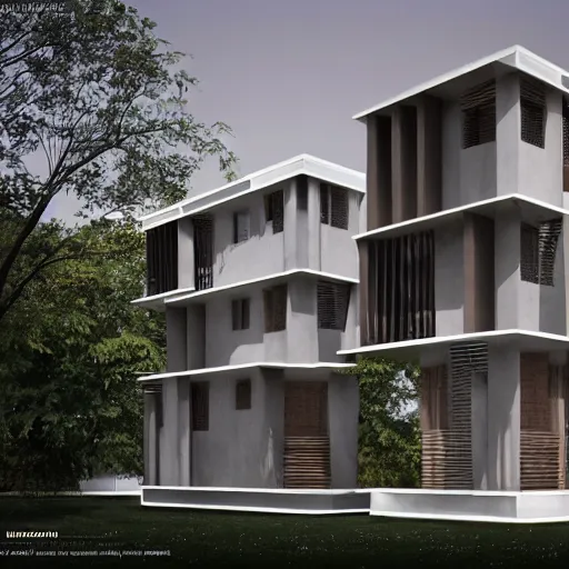 Image similar to low - cost housing designed by architect b v doshi ; award winning indian stunning architectural photography from magazine ; wide angle view 1 4 mm lens f 2 2 ; evermotion archexterior, v - ray + unreal engine + clear straight lines + daz studio iray + highly detailed 8 k textures + hdr lighting, ray traced, v - ray, vue render, artstation