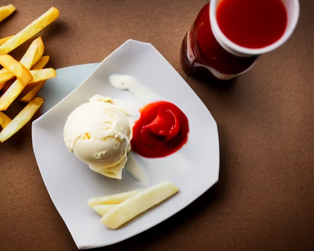 Image similar to dslr food photograph of vanilla ice cream with ketchup on, a leaf on the ice cream, french fries on the side, a bottle of ketchup, bokeh, 8 5 mm f 1. 4