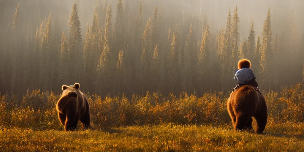 Image similar to back of bob ross riding on the back of brown bear in alaska at fall season, outdoor lighting, realistic, photo, national geographic photo, volumetric, fog