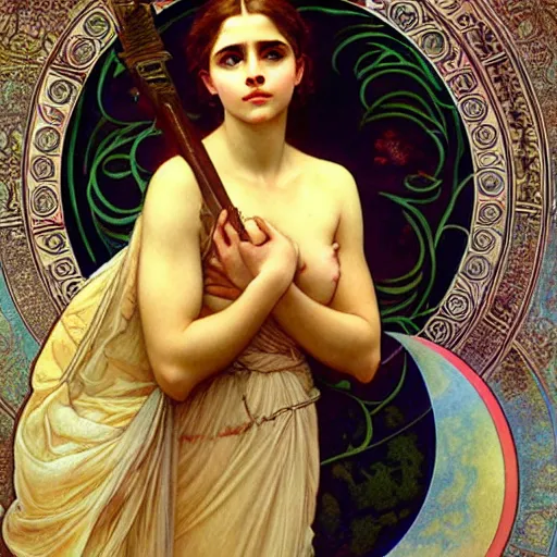 Image similar to detailed portrait art nouveau painting of the goddess of the moon, backlit, who resembles cyborg robot woman Chloe Grace Moretz, and Emma Watson with anxious, piercing eyes, by Alphonse Mucha, Michael Whelan, William Adolphe Bouguereau, John Williams Waterhouse,and Donato Giancola