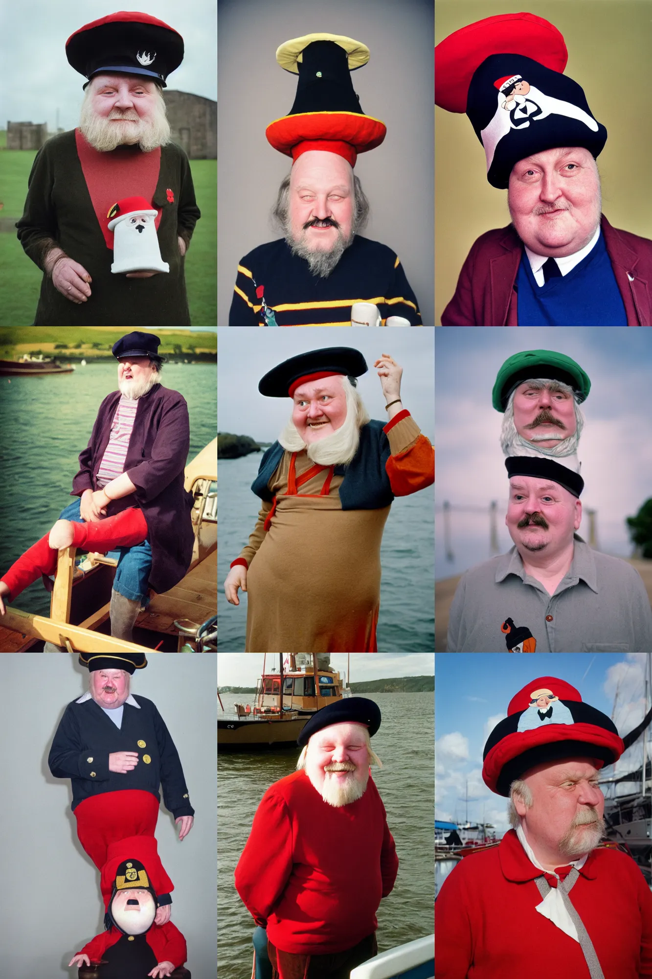 Prompt: portra 400, captain pugwash as a real person, wearing a hat like captain pugwash wears