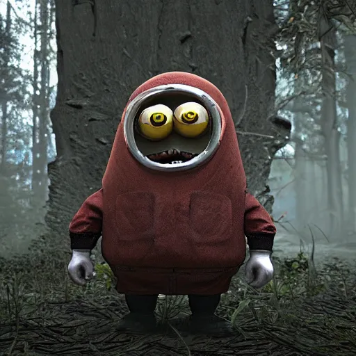 Prompt: creepy, scary, horror minion in dark forest, 8k, CryEngine