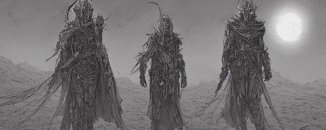 Image similar to lone wandering male figure in heavy robes and desert survival gear, artstyle of Moebius, style of Philippe Druillet, style of Rodan, brutalist style overall aesthetic, warm colors, trending on Artstation