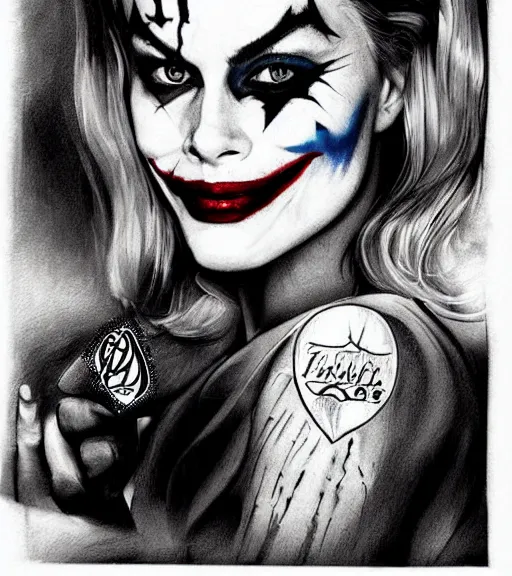 Image similar to tattoo design sketch of beautiful margot robbie wearing joker makeup and holding an ace card, in the style of den yakovlev, realistic face, black and white, realism tattoo, hyper realistic, highly detailed