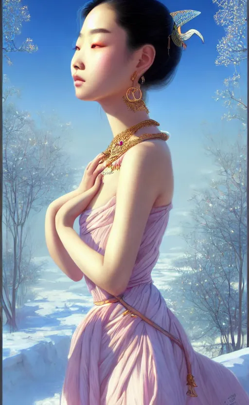 Image similar to a beautiful young charming asian goddess with sundress + jewelry + shinny eyes | | winter, symmetric, realistic shaded, unpleasant face, good looking, fine details, dior, lv, realistic shaded lighting poster by greg rutkowski, macoto takahashi, magali villeneuve, artgerm, jeremy lipkin and michael garmash