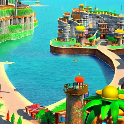 Image similar to realistic delfino plaza from super mario sunshine