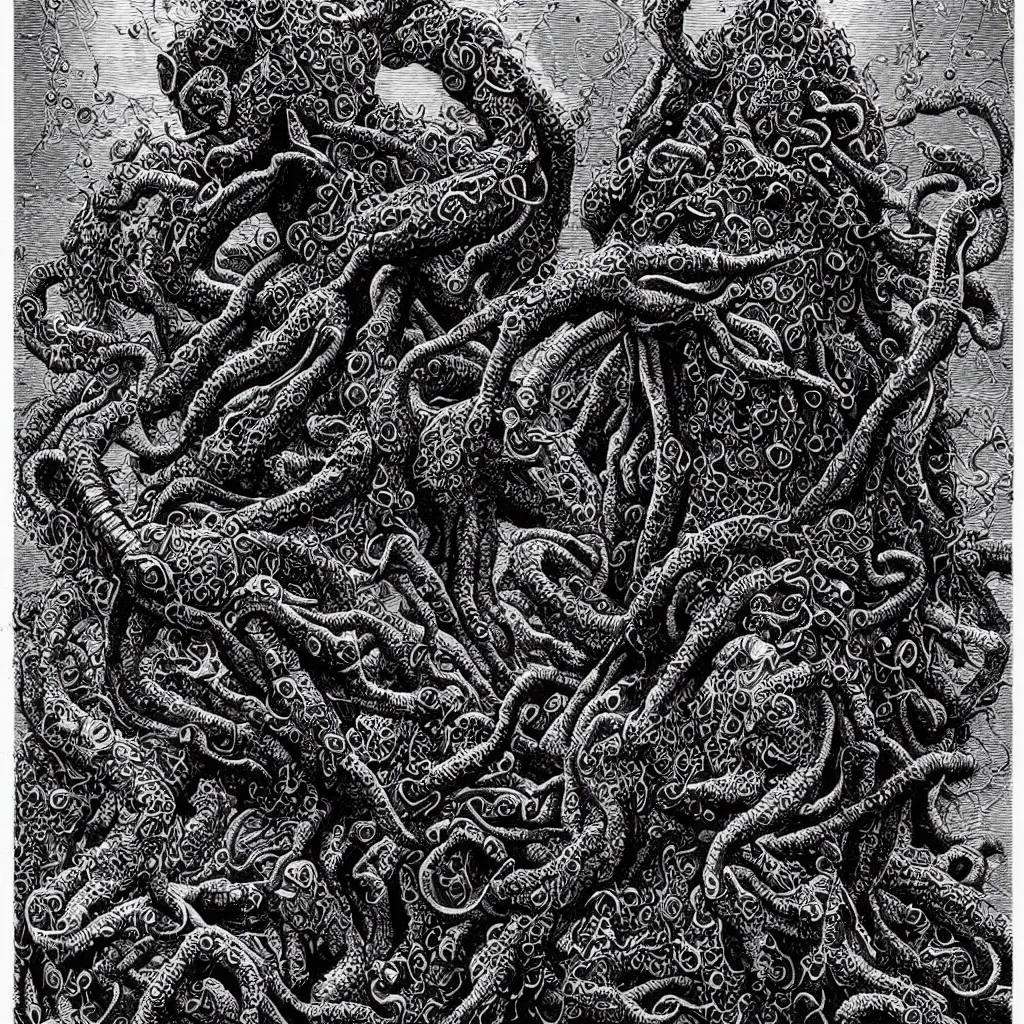 Prompt: portrait of Cthulhu by Dan Hillier, intricate, lovecraftian, black and white and gold