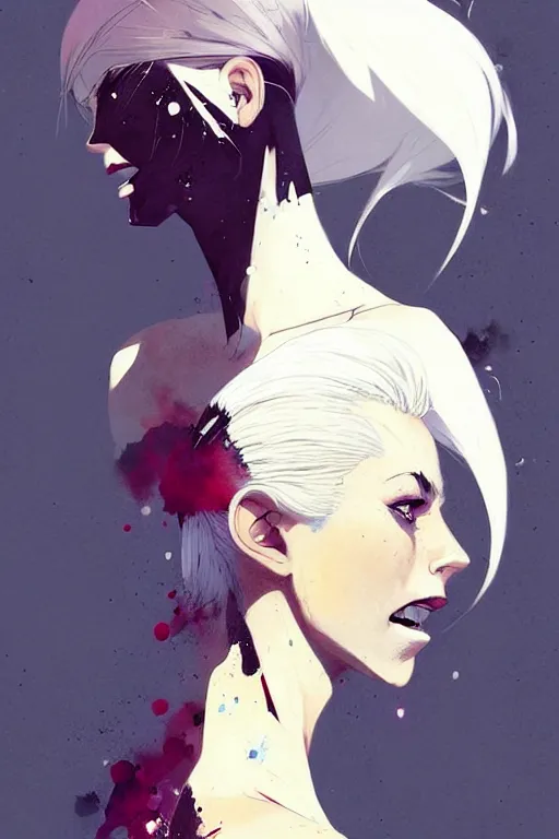 Image similar to a ultradetailed beautiful painting of a stylish woman in with white hair in a ponytail, she is wearing a black tank top, by conrad roset, greg rutkowski and makoto shinkai trending on artstation