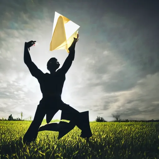 Image similar to a man made of origami dancing, dramatic lighting, with bokeh effect in a sunny meadow