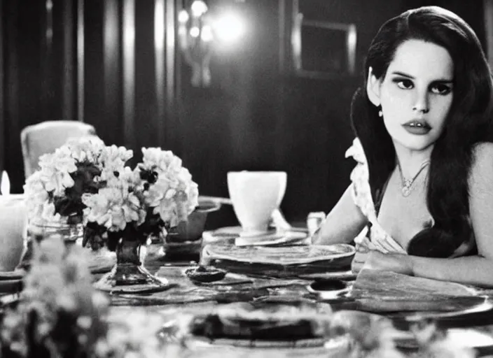 Prompt: movie still of a lana del rey with a very big bust sitting at a table, titanic ship interior, directed by Quintin Tarantino
