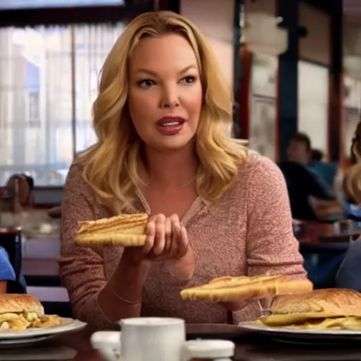 Image similar to catherine heigl and tenth is khan eating sandwiches at a diner, ultrarealistic, photorealistic, 8 k, ultra hd