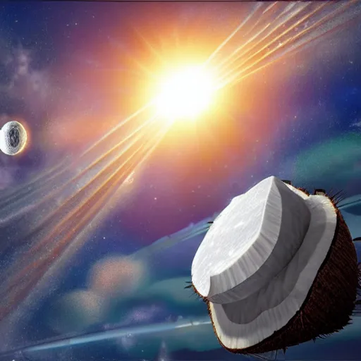 Image similar to an artist's rendering of a coconut satellite in space, a digital rendering by carl eugen keel, featured on cg society, space art, redshift, anamorphic lens flare, reimagined by industrial light and magic