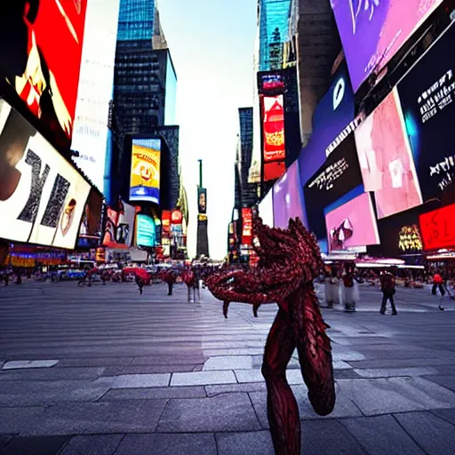 Image similar to demogorgon walking peacefully in times square in the middle of crowdm dawn sunny day, lens flare, hyper realistic, intrincate, 16k, unreal render engine