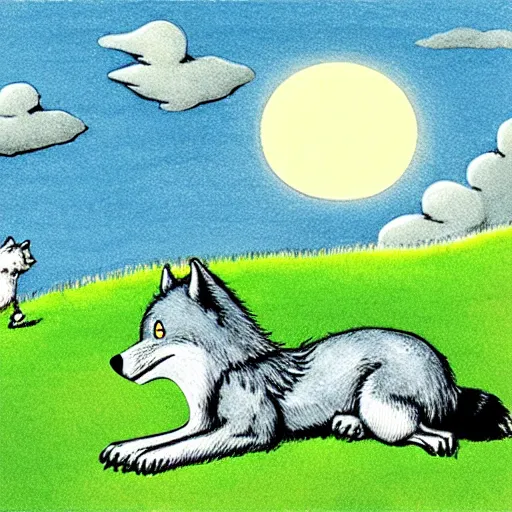 Prompt: view from side of fluffy baby grey wolf sitting on a grassy hill with rocks around it looking up at the clouds, award winning illustration by maurice sendak and don freeman