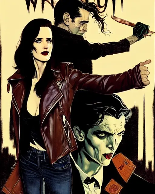 Prompt: Rafael Albuquerque comic cover art, Norman Rockwell, Joshua Middleton, pretty Eva Green vampire, sharp vampire teeth, sarcastic smile, symmetrical eyes, symmetrical face, brown leather jacket, jeans, long black hair, full body, building on fire, cool colors