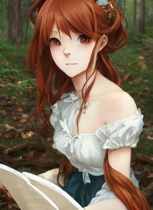 Image similar to a close up of a victorian maid with long flowing auburn hair sitting in a forest reading a book. cute anime eyes. by makoto shinkai, stanley artgerm lau, wlop, rossdraws, james jean, andrei riabovitchev, marc simonetti, krenz cushart, sakimichan, trending on artstation, digital art.