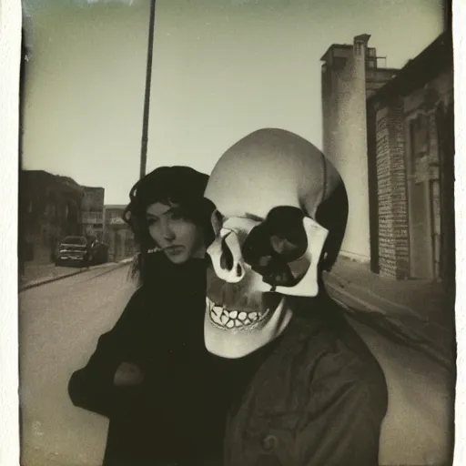 Prompt: selfie with a skull and an angel in the street of Night Vale, polaroid photo, by Warhol,