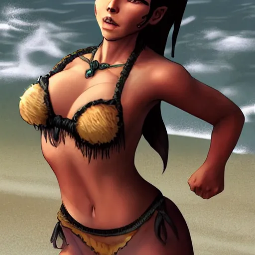 Image similar to khajit from skyrim in a bikini on the beach drawn by artgerm