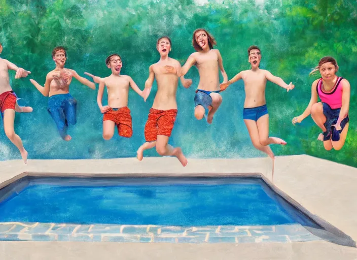 Image similar to photorealistic painting of a group of teens in the moment of jumping into a pool, digital art, subtle painting, subtle hues, some edges lost